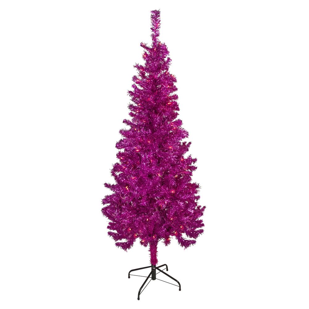6' Pre-Lit Pink Artificial Tinsel Christmas Tree  Clear Lights. Picture 1