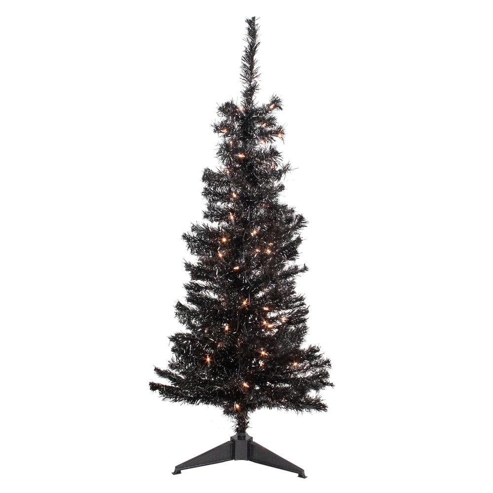 4' Pre-Lit Black Artificial Tinsel Christmas Tree  Clear Lights. Picture 1