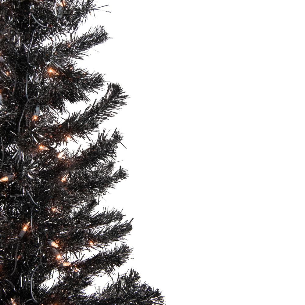 4' Pre-Lit Black Artificial Tinsel Christmas Tree  Clear Lights. Picture 4