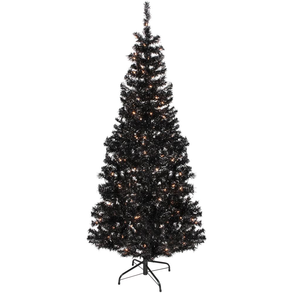 6' Pre-Lit Black Artificial Tinsel Christmas Tree  Clear Lights. Picture 1