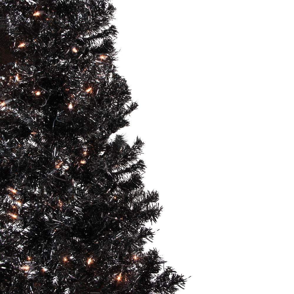 6' Pre-Lit Black Artificial Tinsel Christmas Tree  Clear Lights. Picture 2