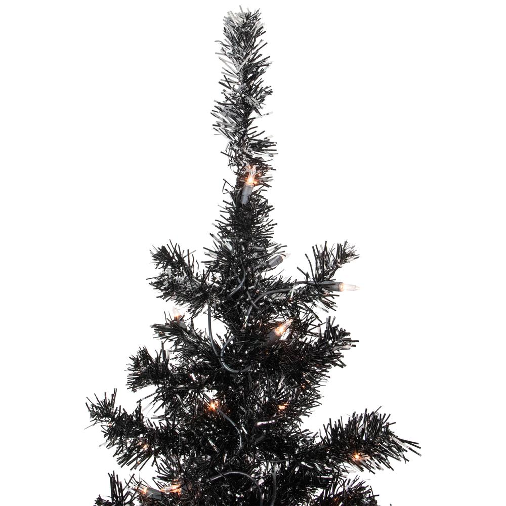 6' Pre-Lit Black Artificial Tinsel Christmas Tree  Clear Lights. Picture 4