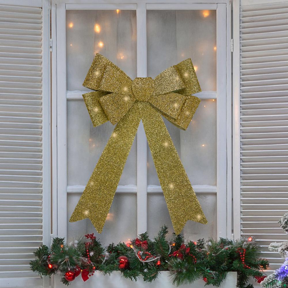 24" LED Lighted Gold Tinsel Bow Christmas Decoration. Picture 2