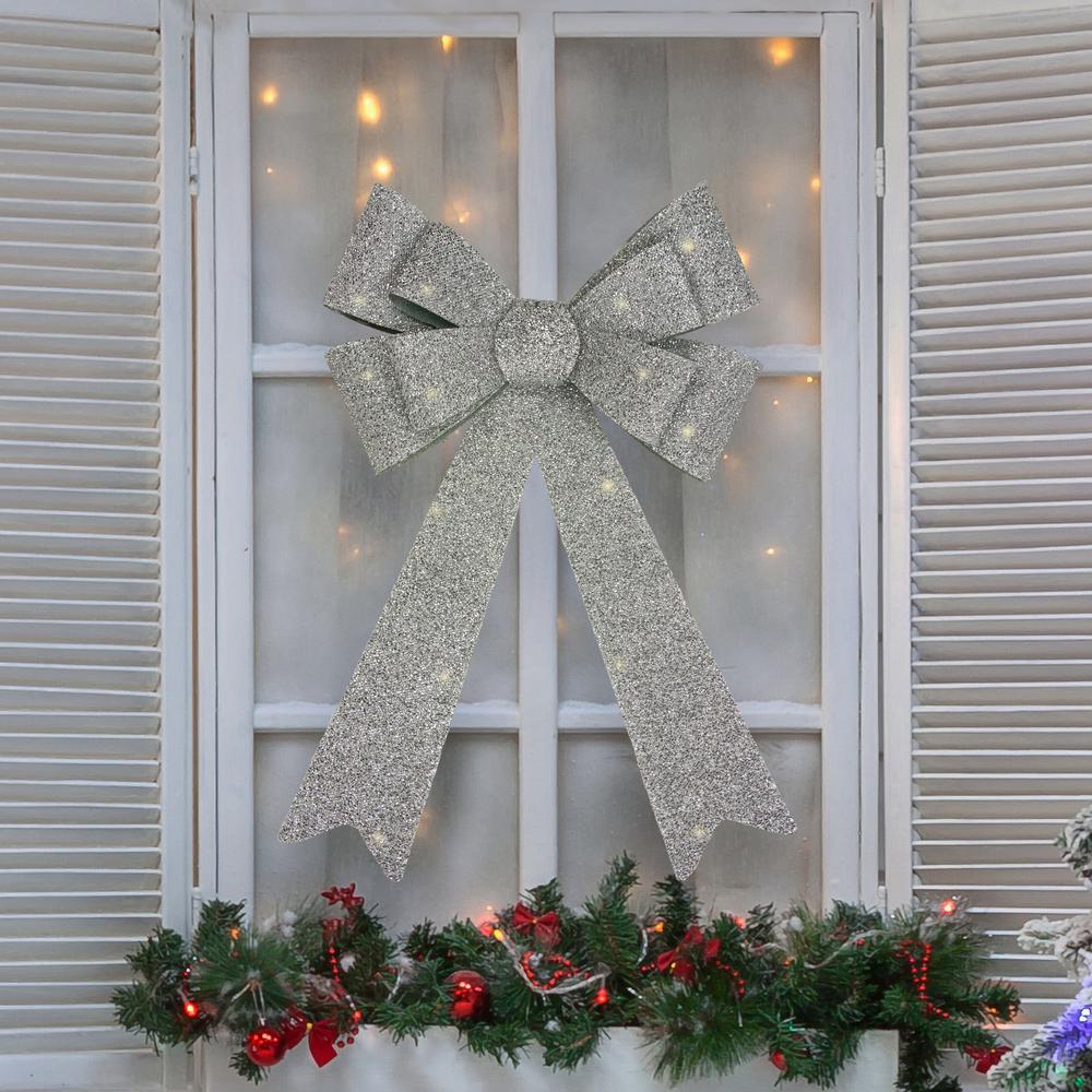 24" LED Lighted Silver Tinsel Bow Christmas Decoration. Picture 2