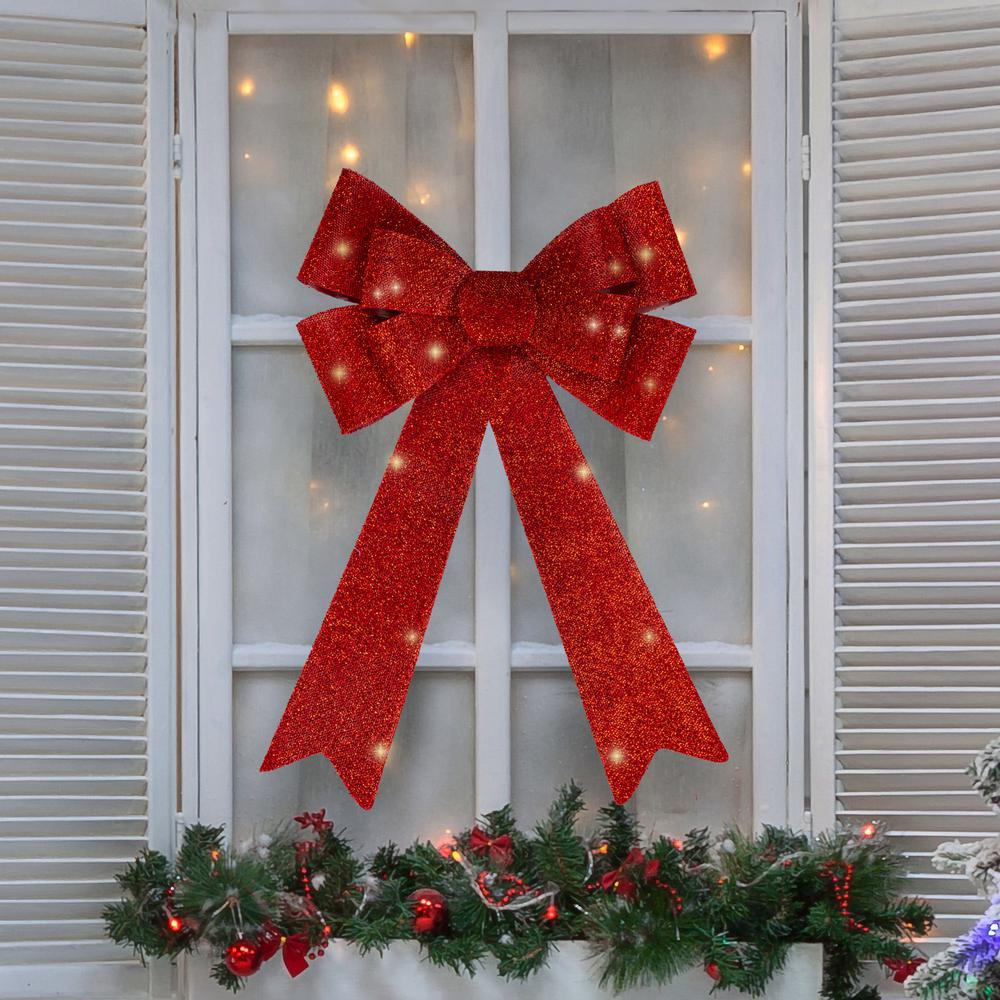 24" LED Lighted Red Tinsel Bow Christmas Decoration. Picture 2
