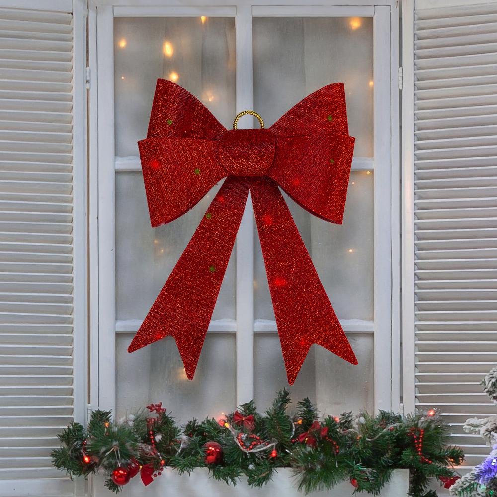 23" LED Lighted Red Tinsel Bow Christmas Decoration with Color Changing Lights. Picture 2
