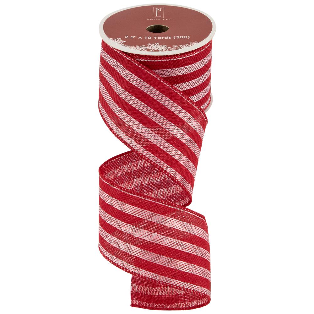 Red and White Striped Wired Craft Christmas Ribbon 2.5" x 10 Yards. Picture 3