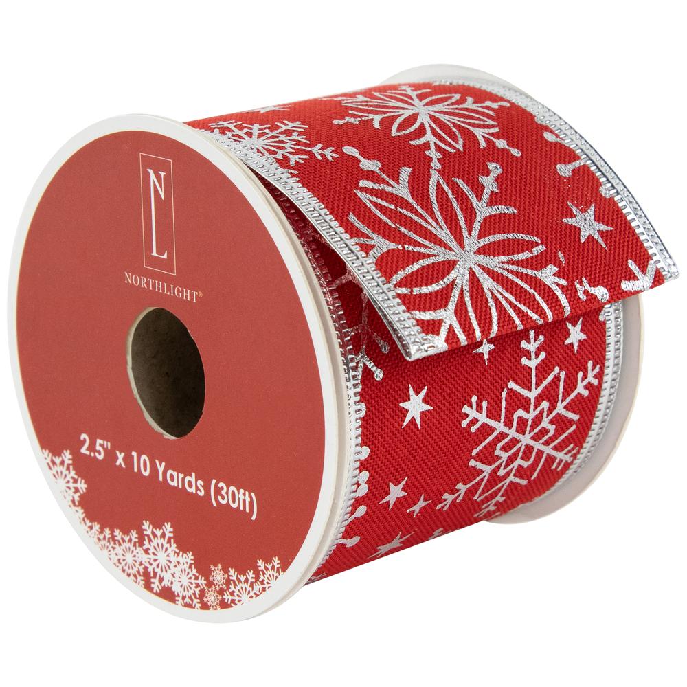 Red with Silver Snowflakes Wired Craft Christmas Ribbon 2.5" x 10 Yards. Picture 1