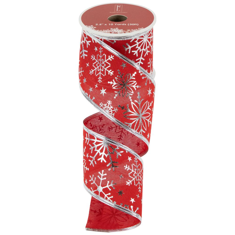 Red with Silver Snowflakes Wired Craft Christmas Ribbon 2.5" x 10 Yards. Picture 3