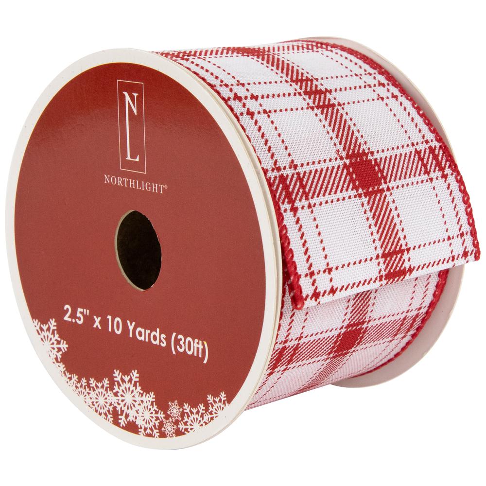Red and White Plaid Wired Craft Christmas Ribbon 2.5" x 10 Yards. Picture 1