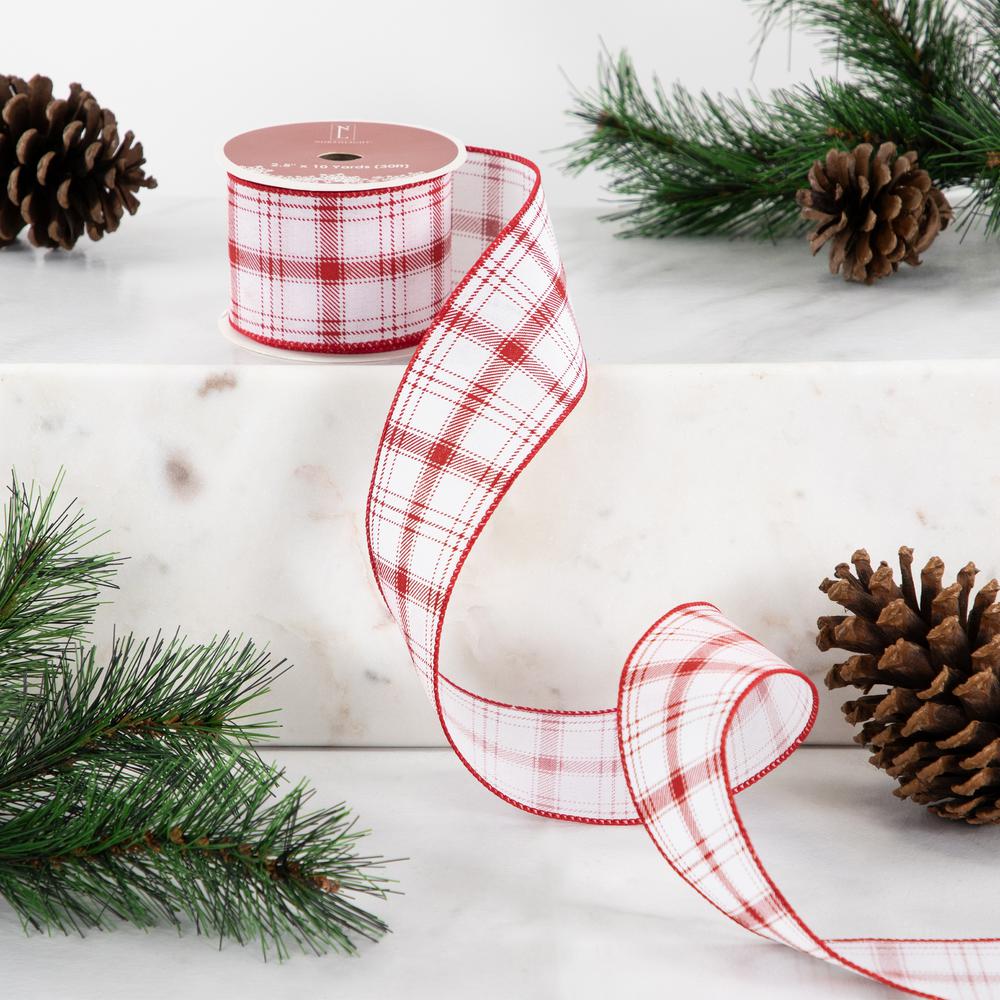 Red and White Plaid Wired Craft Christmas Ribbon 2.5" x 10 Yards. Picture 2