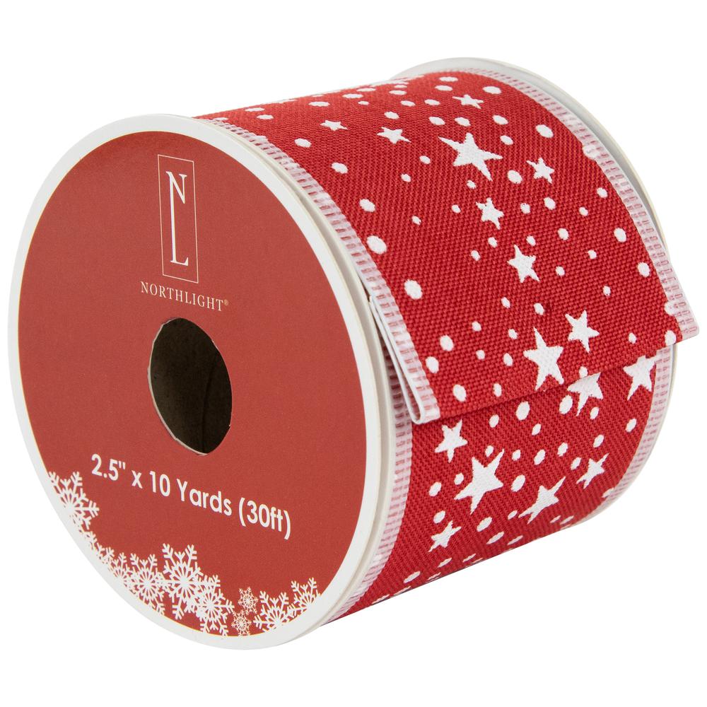 Red and White Stars Wired Craft Christmas Ribbon 2.5" x 10 Yards. Picture 1