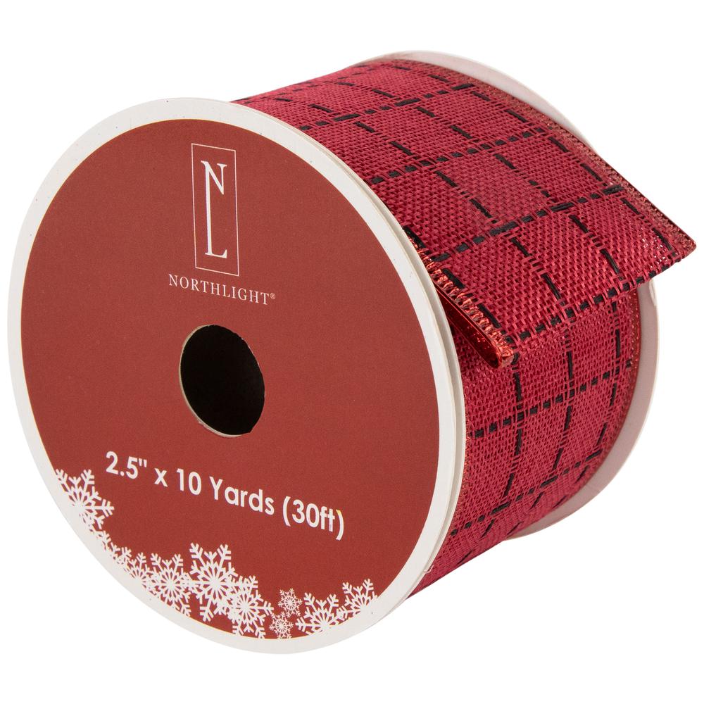 Red Woven Square Plaid Wired Craft Christmas Ribbon 2.5" x 10 Yards. Picture 1