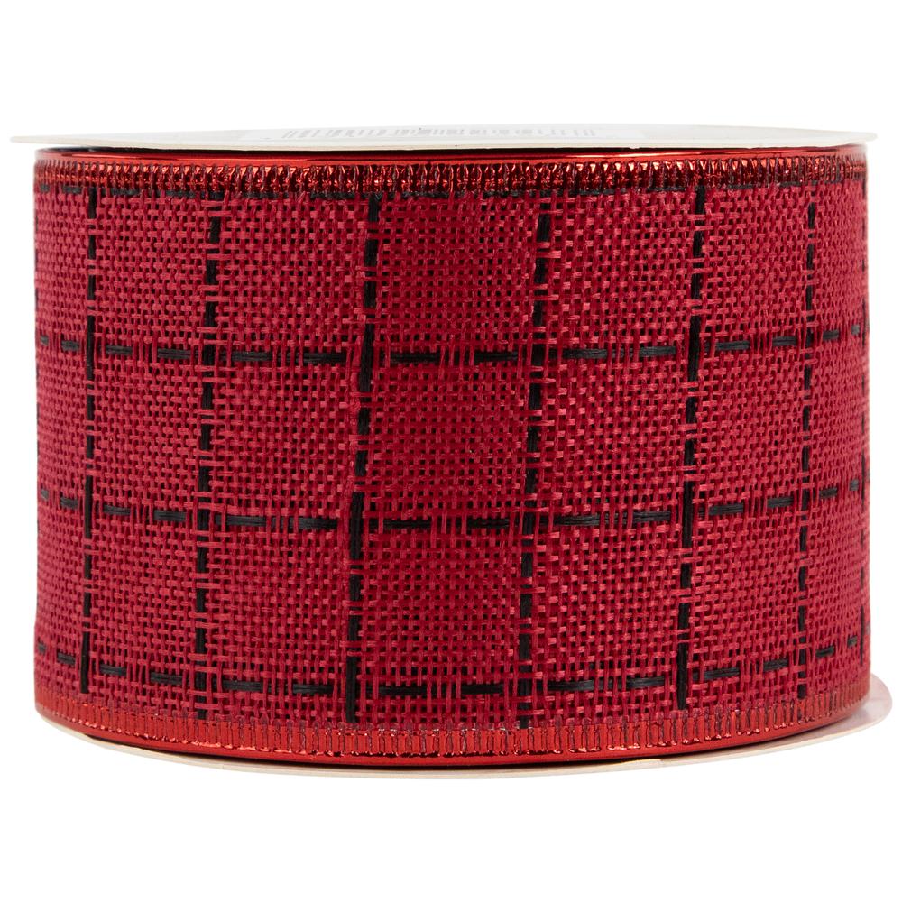 Red Woven Square Plaid Wired Craft Christmas Ribbon 2.5" x 10 Yards. Picture 4
