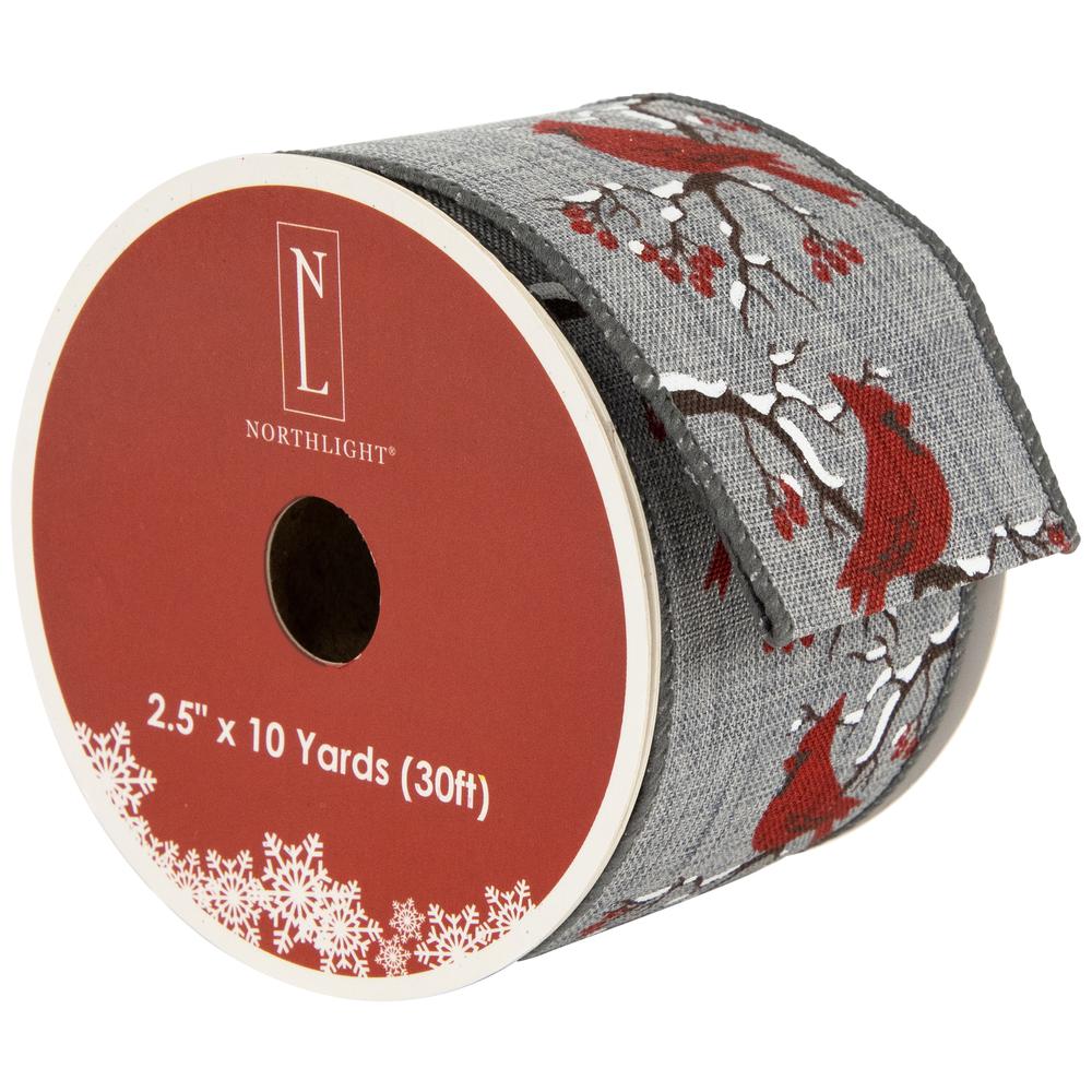 Gray and Red Cardinal Wired Craft Christmas Ribbon 2.5" x 10 Yards. Picture 1