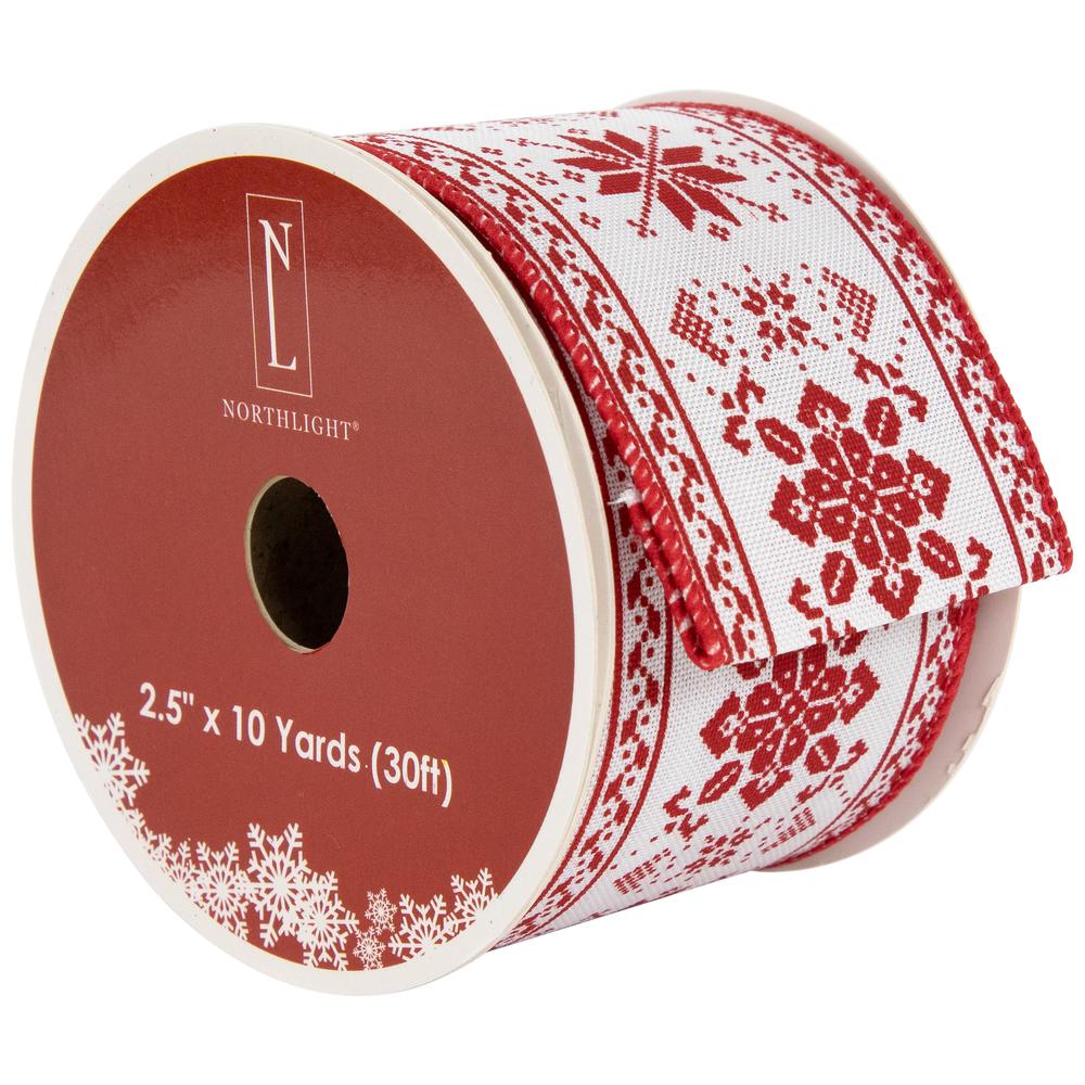 Red and White Knit Pattern Wired Craft Christmas Ribbon 2.5" x 10 Yards. Picture 1