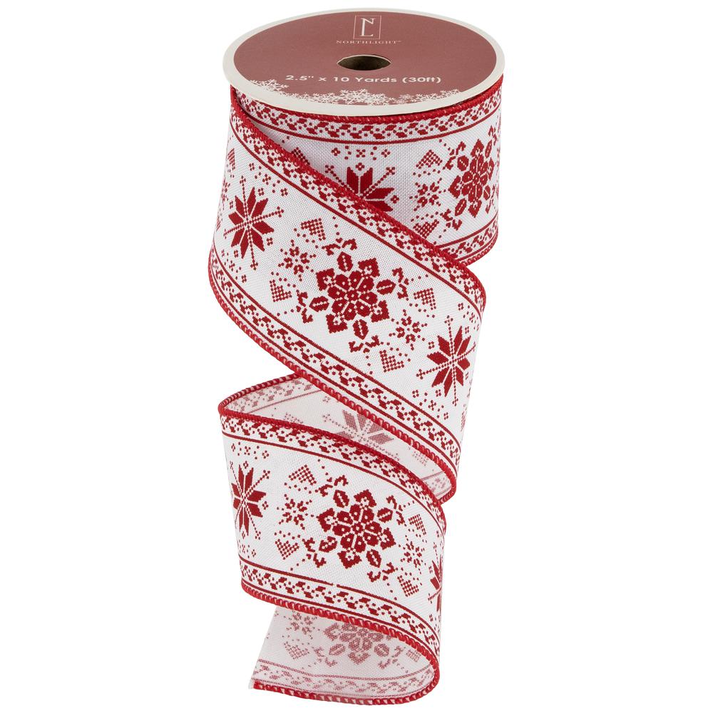 Red and White Knit Pattern Wired Craft Christmas Ribbon 2.5" x 10 Yards. Picture 3