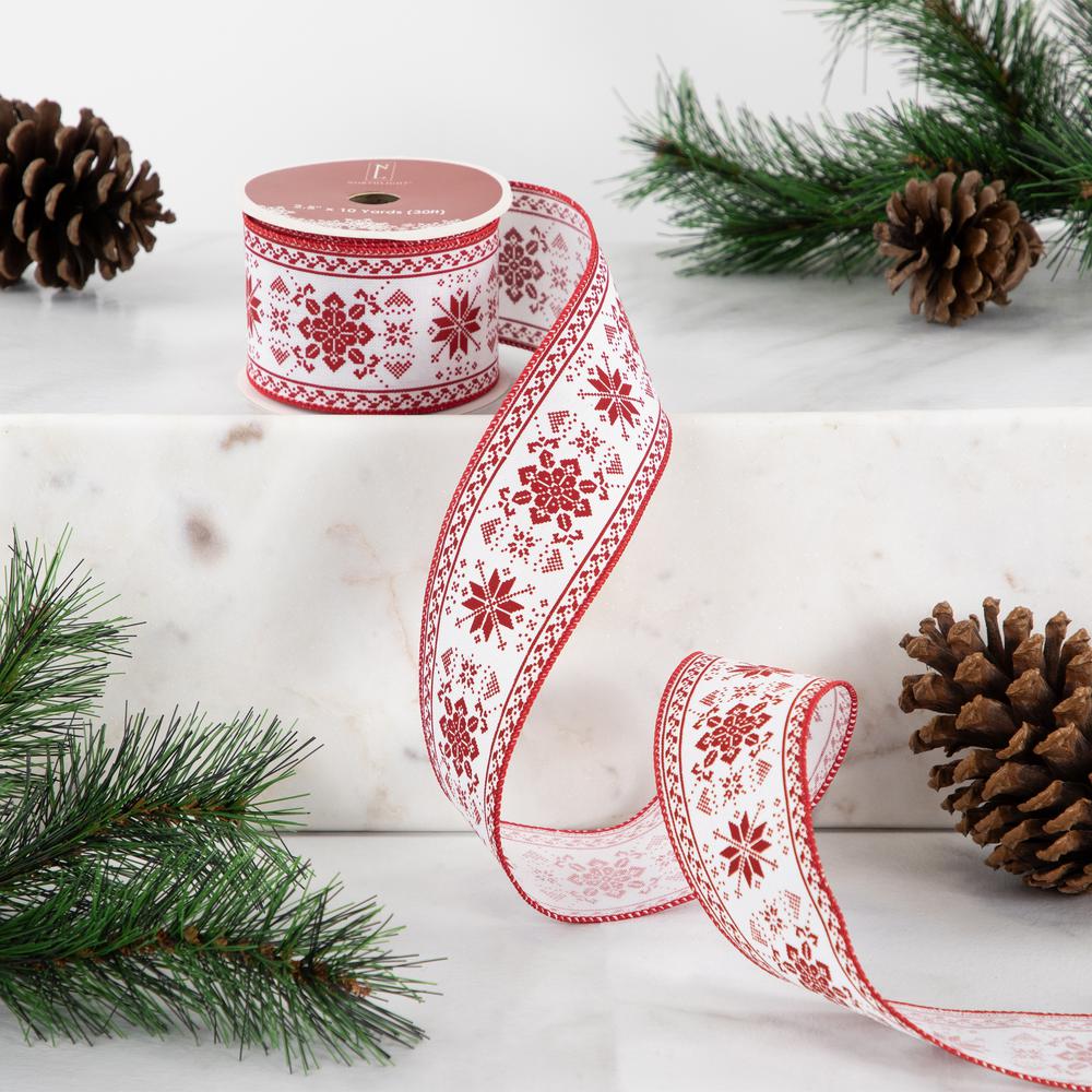 Red and White Knit Pattern Wired Craft Christmas Ribbon 2.5" x 10 Yards. Picture 2