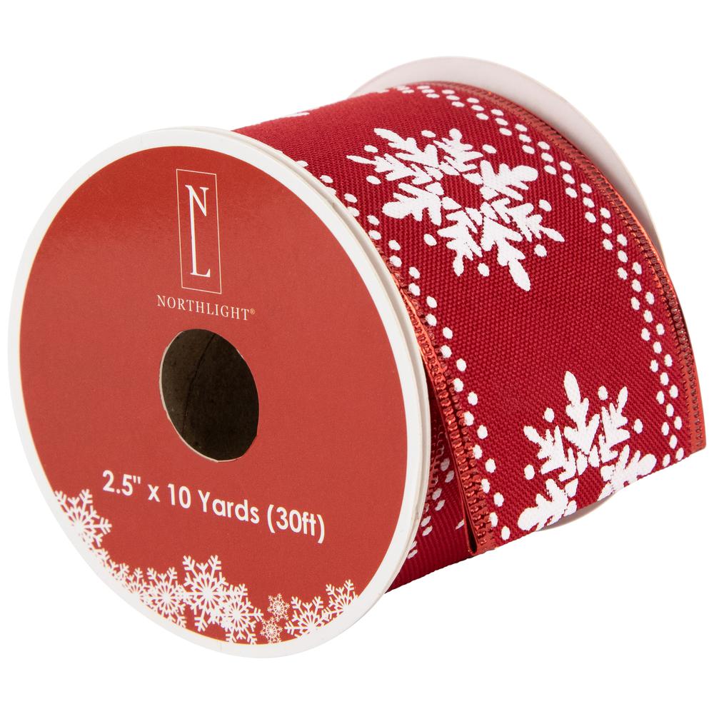 Red and White Snowflake Wired Craft Christmas Ribbon 2.5" x 10 Yards. Picture 1
