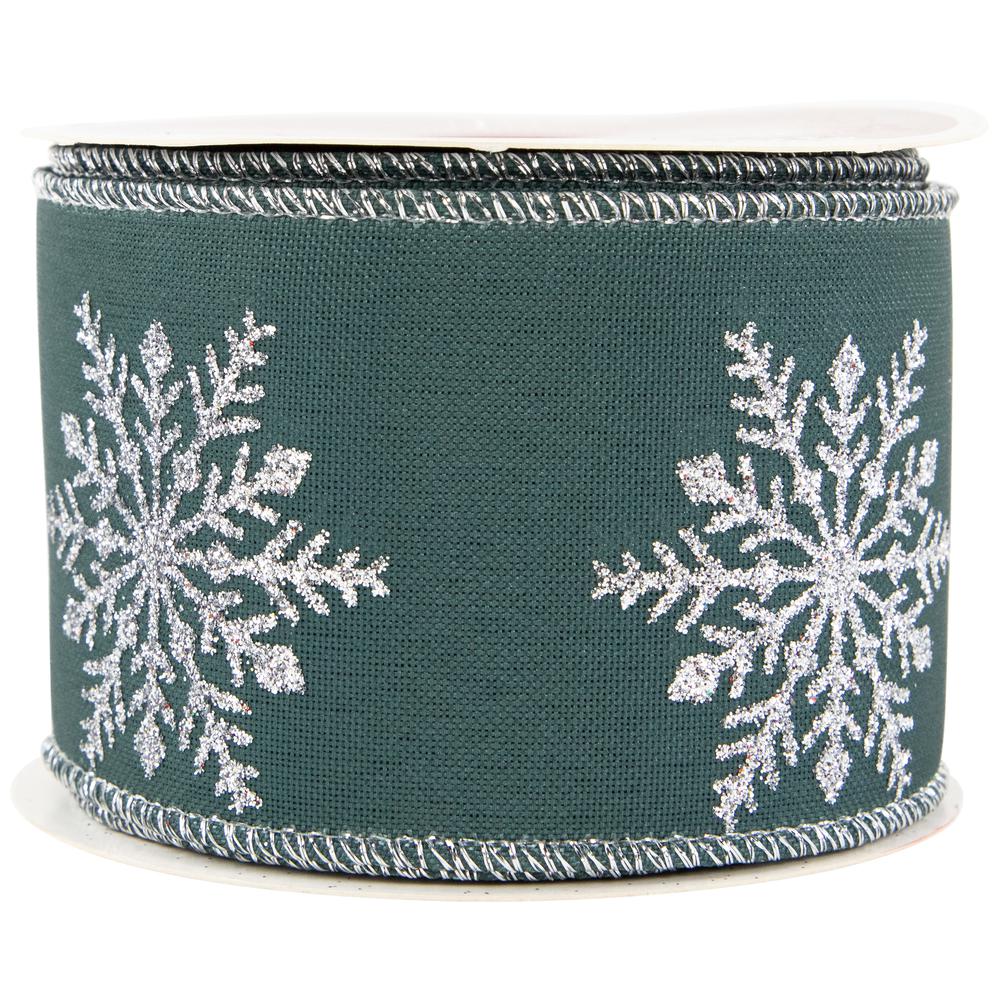 Green with Glitter Snowflakes Wired Craft Christmas Ribbon 2.5" x 10 Yards. Picture 4