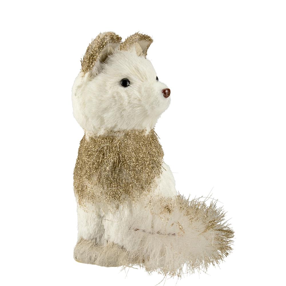 9.25" White Sisal Fox with Gold Glitter Christmas Figure. Picture 2