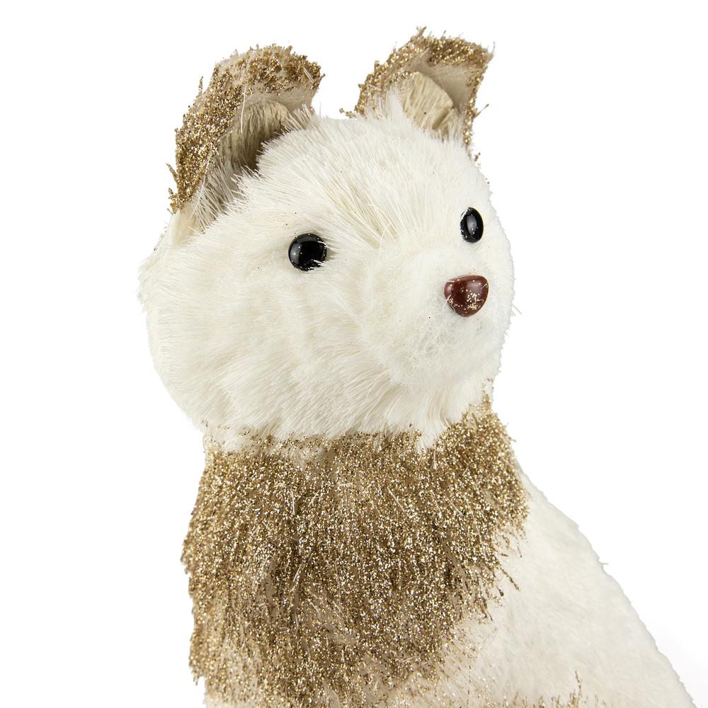 9.25" White Sisal Fox with Gold Glitter Christmas Figure. Picture 3