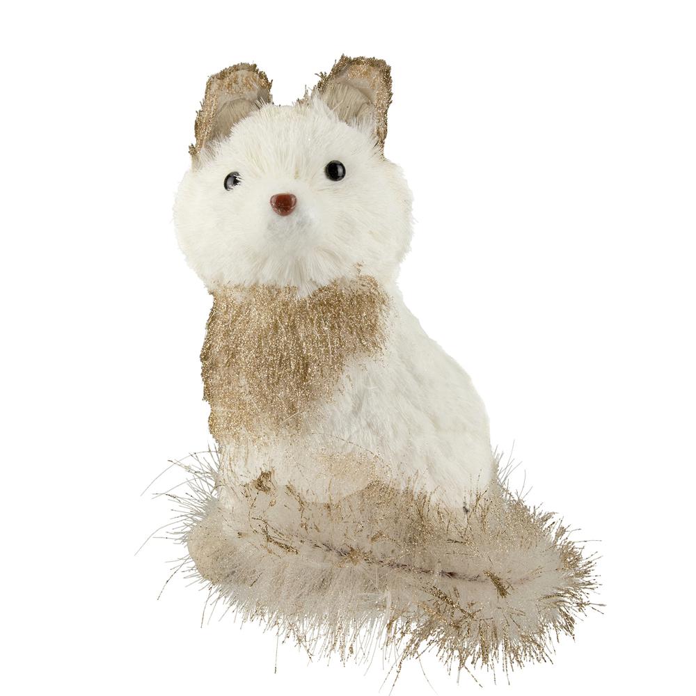 9.25" White Sisal Fox with Gold Glitter Christmas Figure. Picture 1