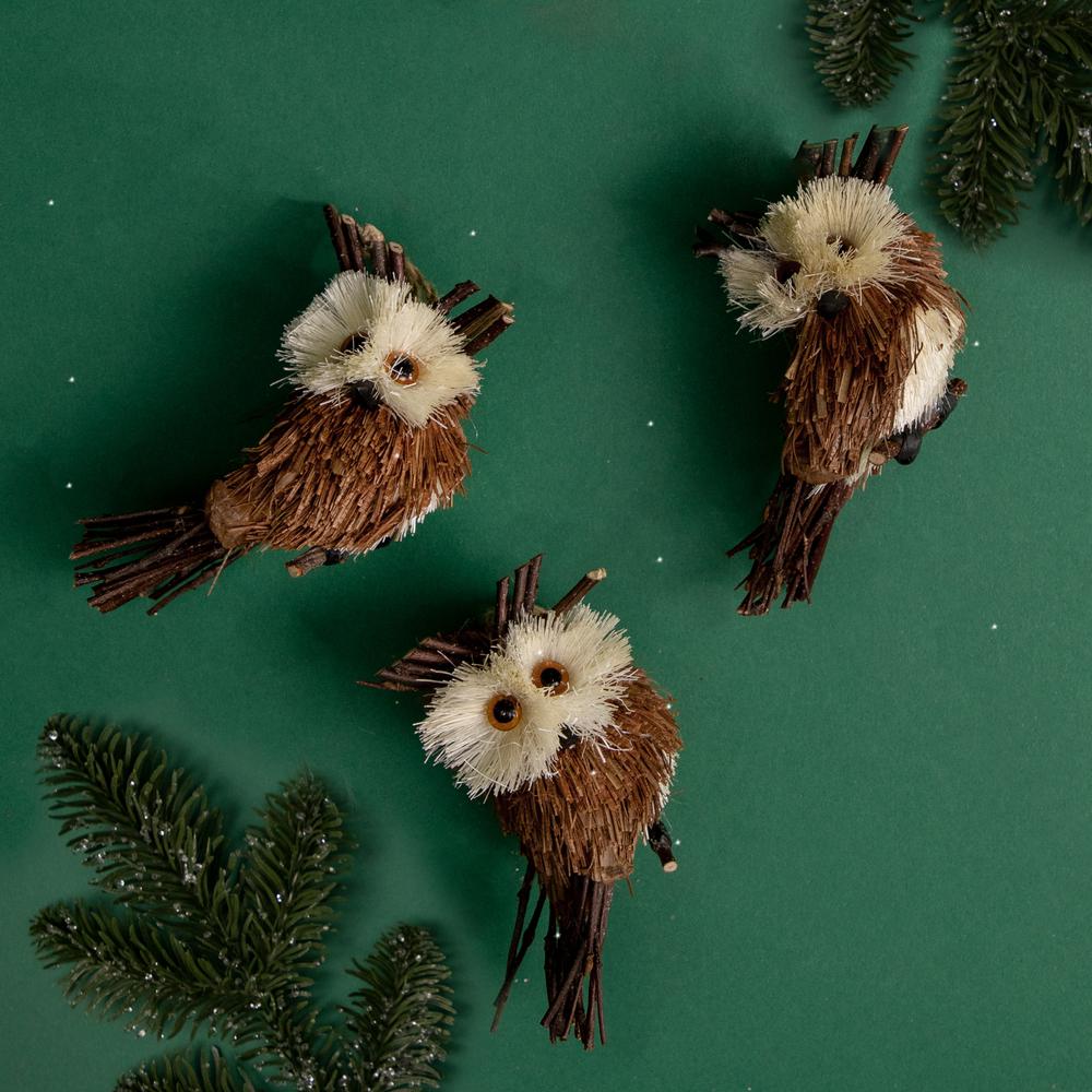 Set 3 Sisal and Twig Owl Christmas Ornaments  3.5". Picture 2