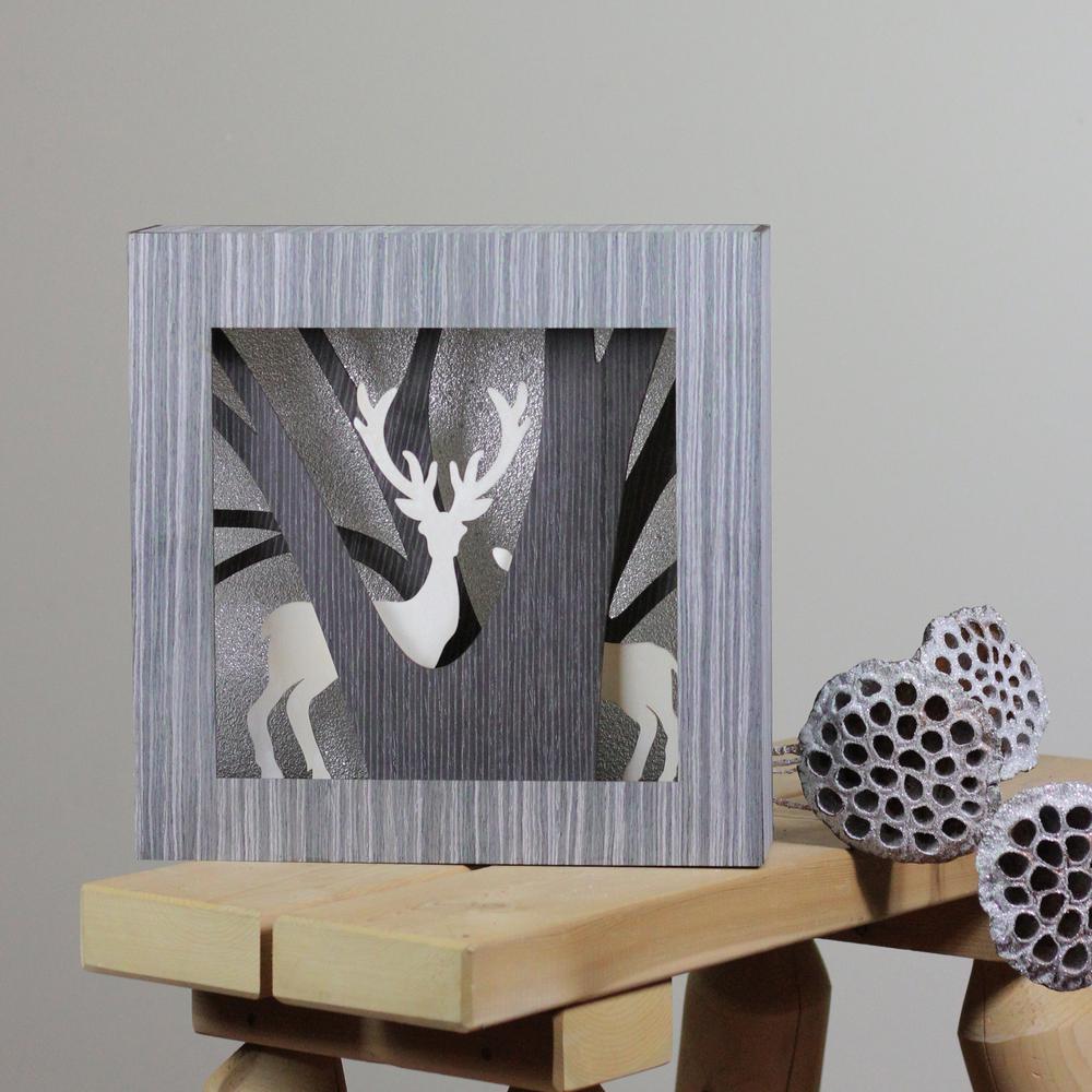 12" Glittered Woodland Deer Silhouette Box Framed Christmas Table Decoration. Picture 3
