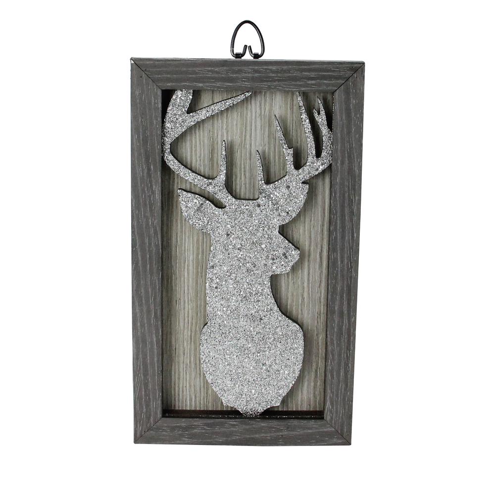 10.25" Silver Glittered Buck Silhouette Box Framed Christmas Wall Hanging. Picture 1