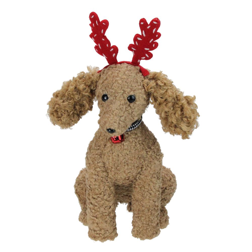 14.5" Plush Tan Bichon FrisÃ© Puppy Dog with Red Antlers Christmas Decoration. Picture 1