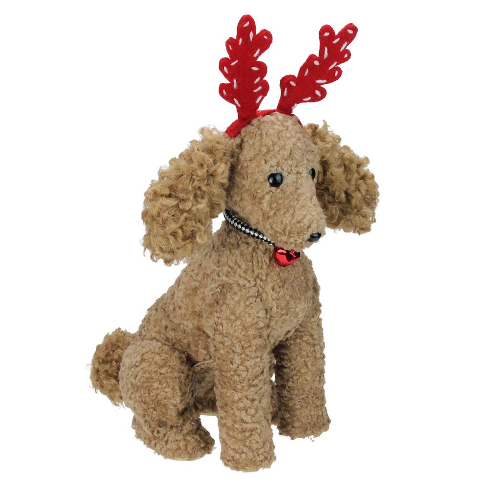 14.5" Plush Tan Bichon FrisÃ© Puppy Dog with Red Antlers Christmas Decoration. Picture 2