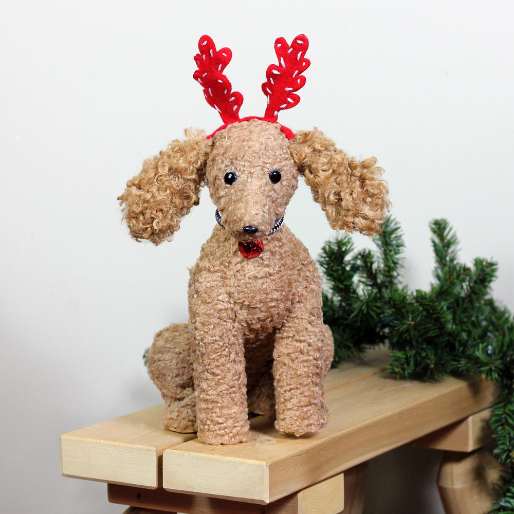14.5" Plush Tan Bichon FrisÃ© Puppy Dog with Red Antlers Christmas Decoration. Picture 3