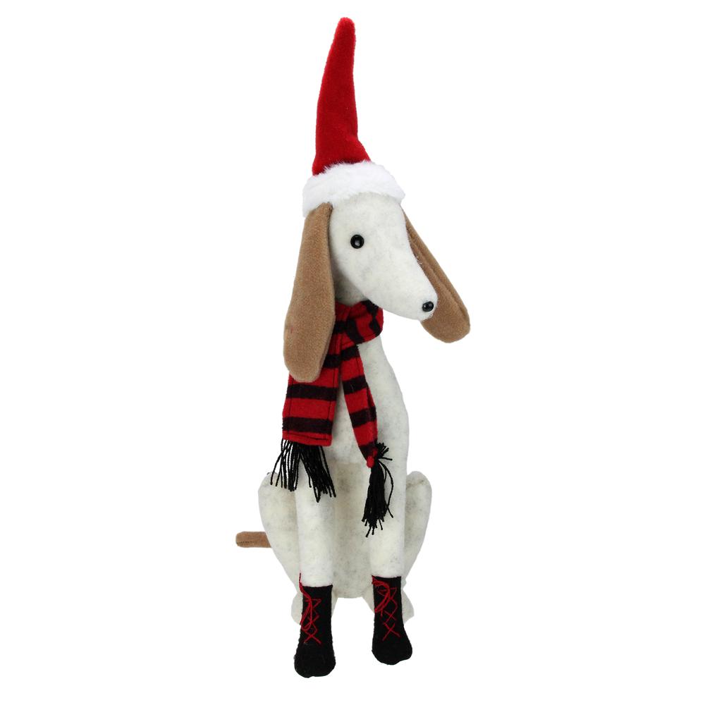 21.5" White and Gray Sitting Greyhound Dog in Santa Hat Christmas Decoration. Picture 1