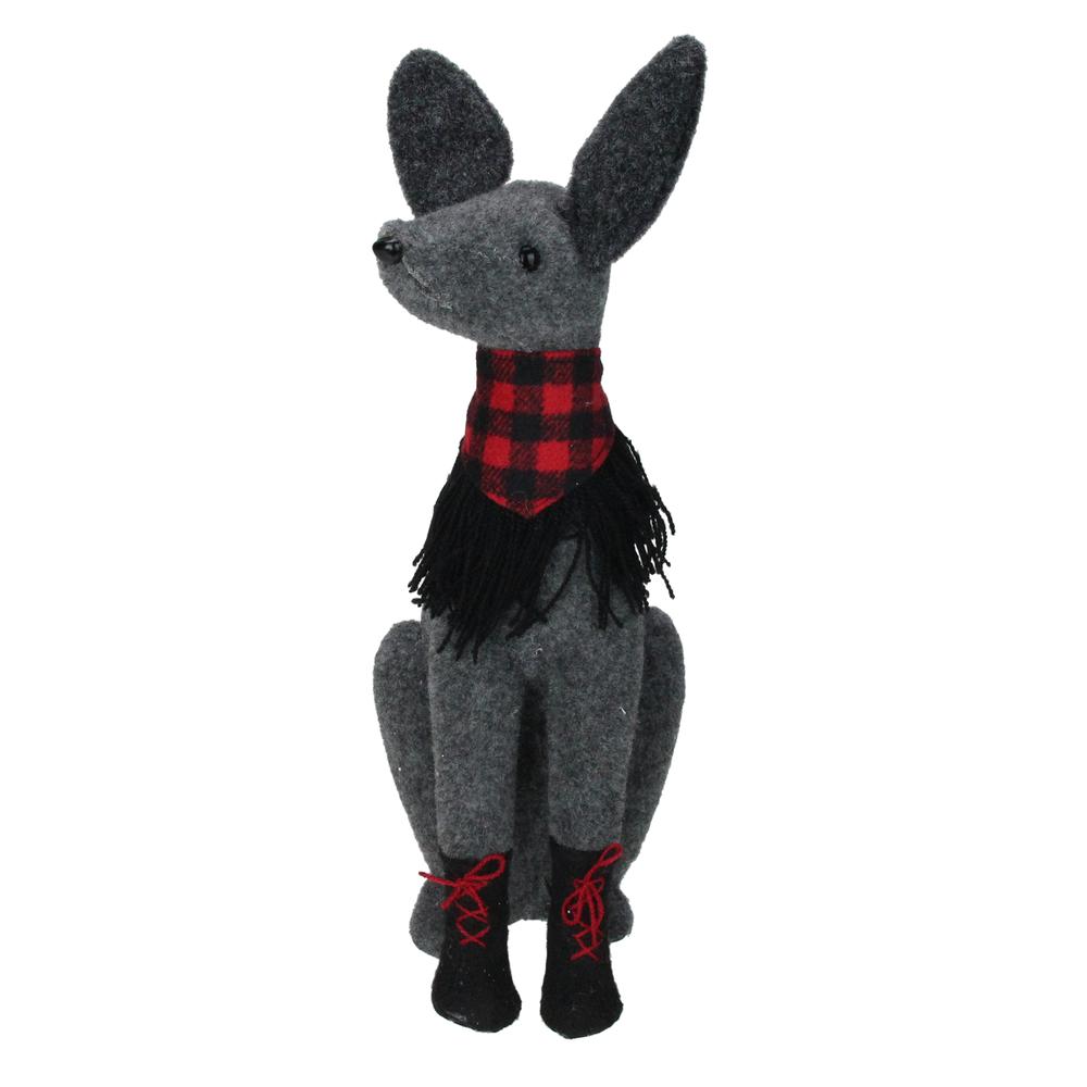 14.5" Gray and Red Sitting Dog with Plaid Collar Christmas Decoration. Picture 1