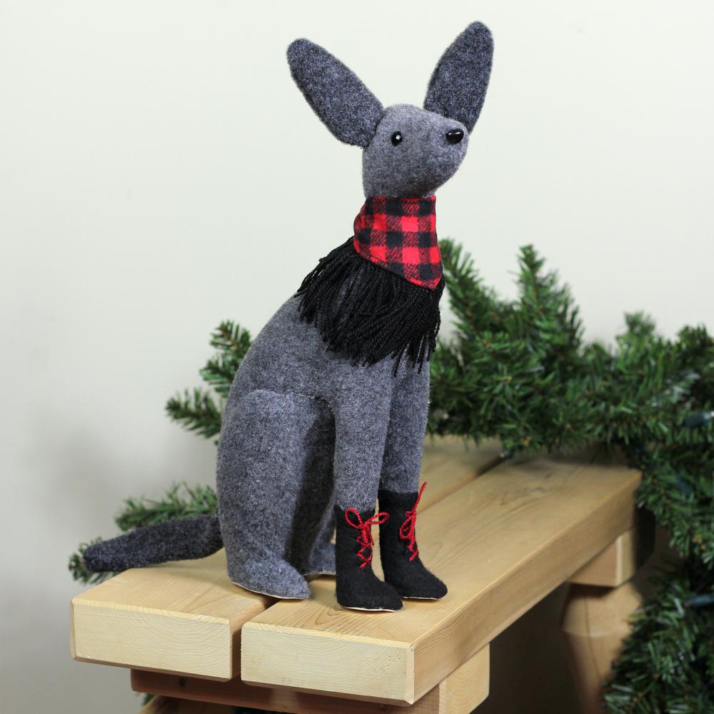 14.5" Gray and Red Sitting Dog with Plaid Collar Christmas Decoration. Picture 3