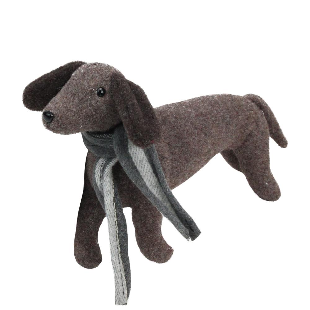 7.5" Plush Brown Dachshund Dog with Scarf Christmas Decoration. Picture 1