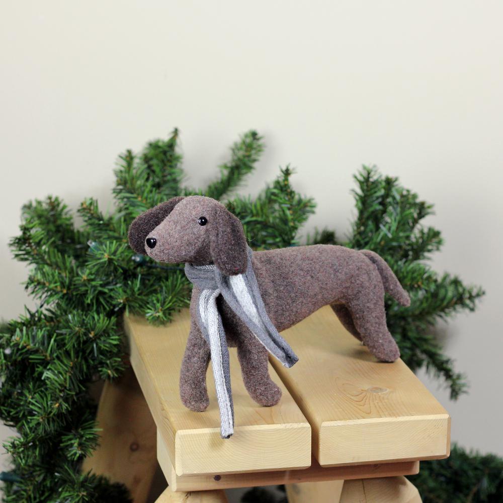 7.5" Plush Brown Dachshund Dog with Scarf Christmas Decoration. Picture 3