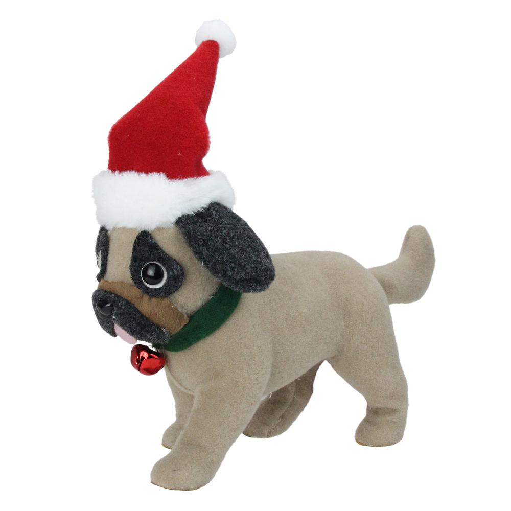 13.25" Plush Brown and Gray Pug Dog with Santa Hat Christmas Decoration. Picture 2