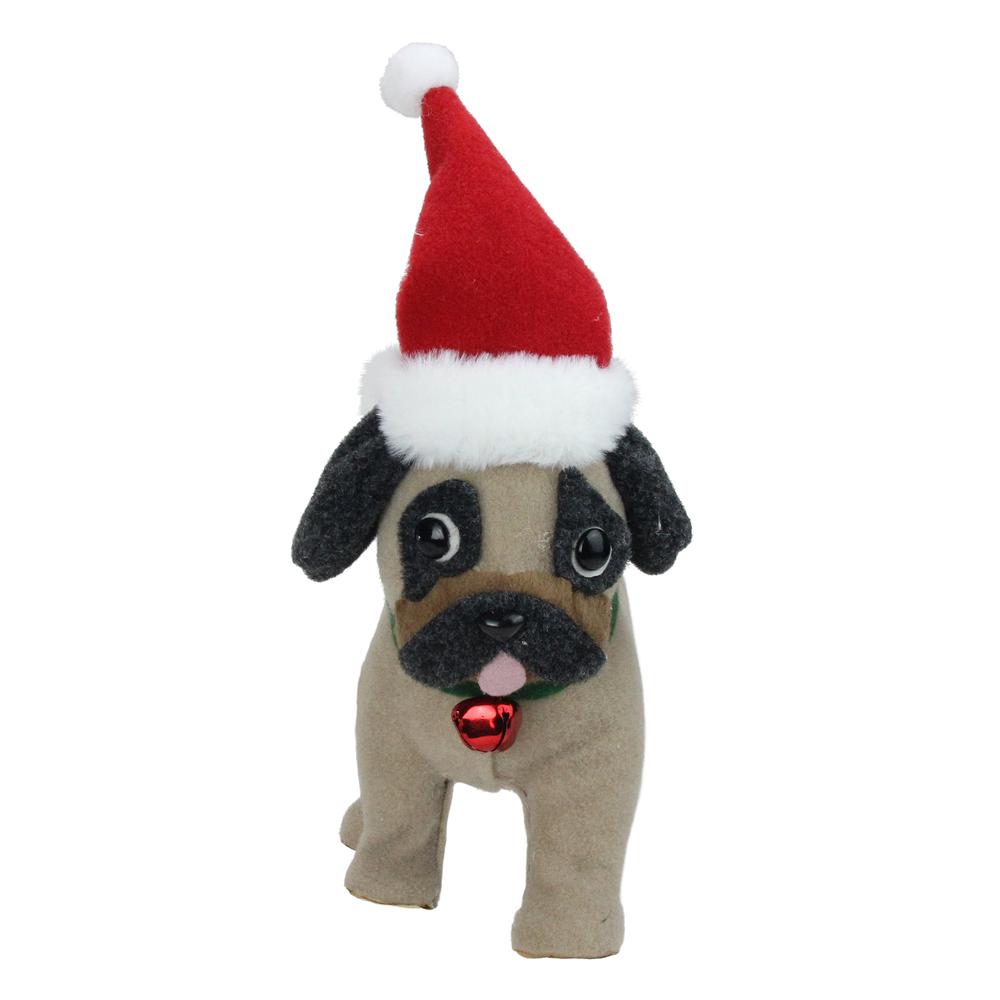 13.25" Plush Brown and Gray Pug Dog with Santa Hat Christmas Decoration. Picture 1