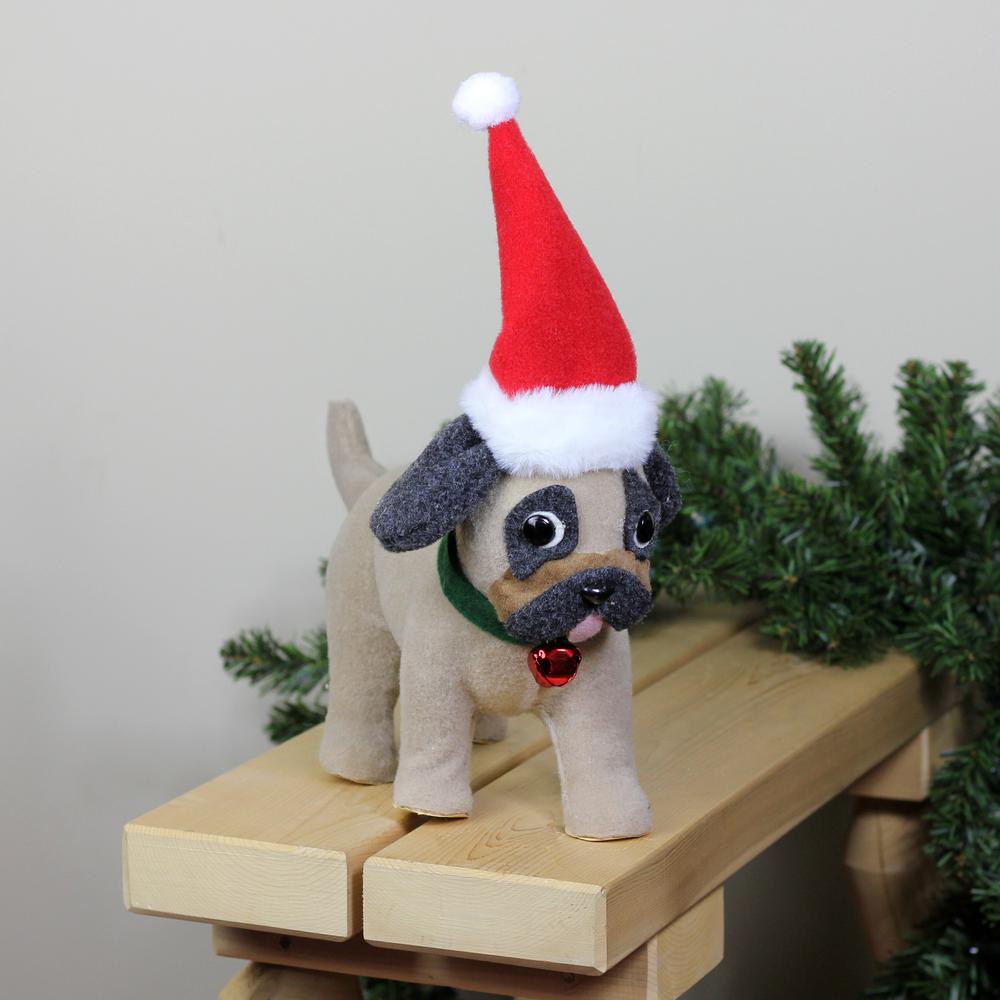 13.25" Plush Brown and Gray Pug Dog with Santa Hat Christmas Decoration. Picture 3
