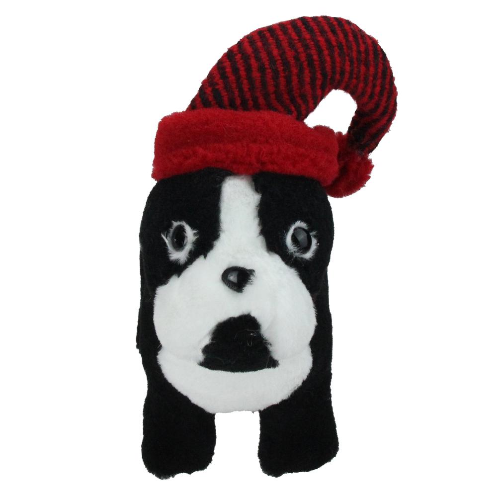 11.5" Black and White Plush Standing Bulldog with Red Hat Christmas Decoration. Picture 2