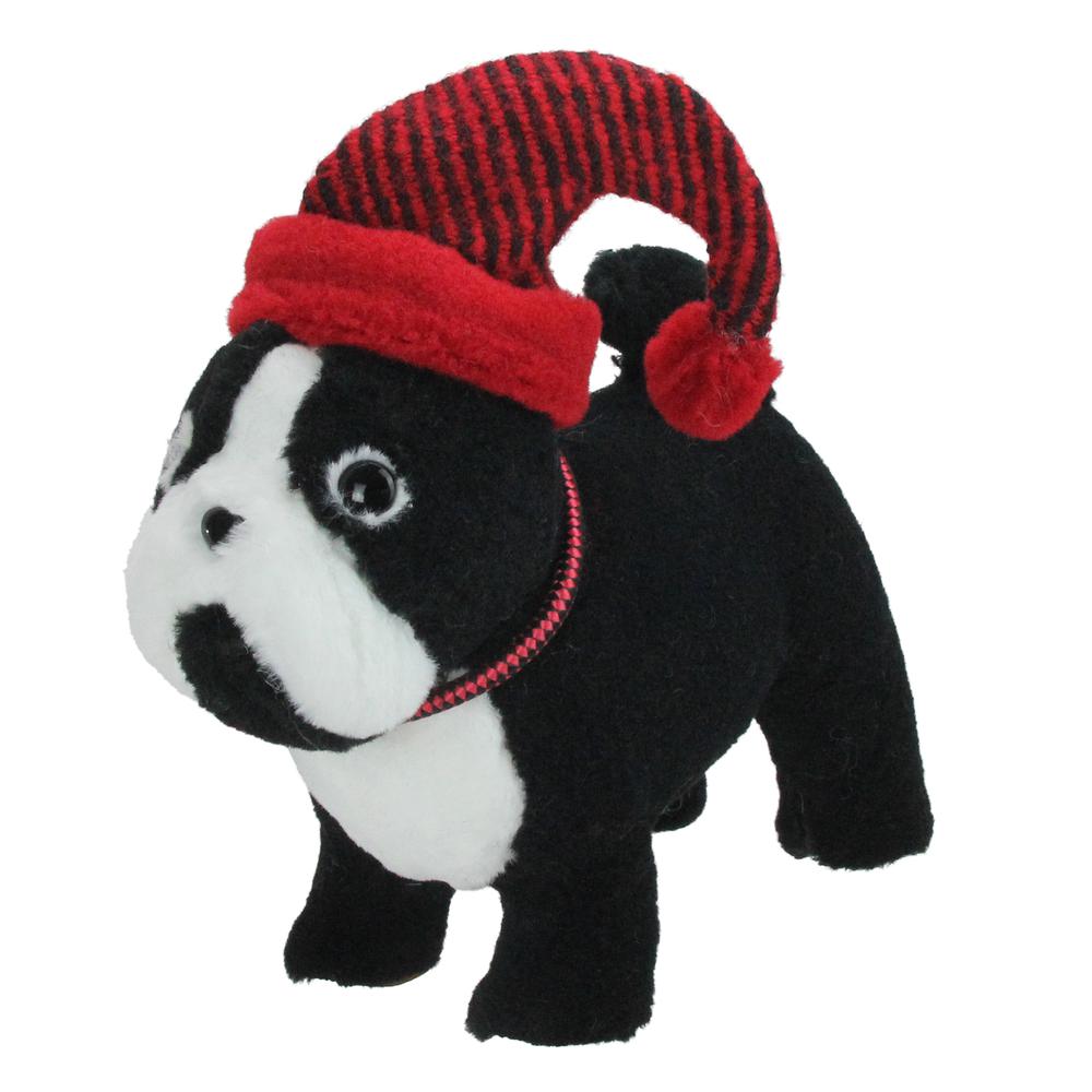 11.5" Black and White Plush Standing Bulldog with Red Hat Christmas Decoration. Picture 1