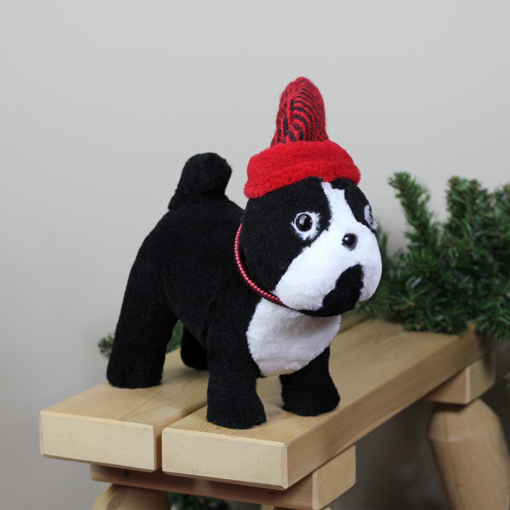 11.5" Black and White Plush Standing Bulldog with Red Hat Christmas Decoration. Picture 3