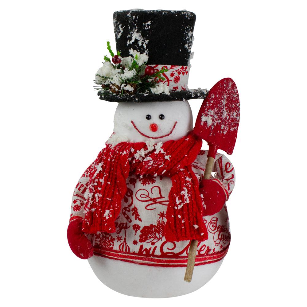 12.5" White and Red Standing Snowman with Shovel Table Top Christmas Decoration. Picture 1