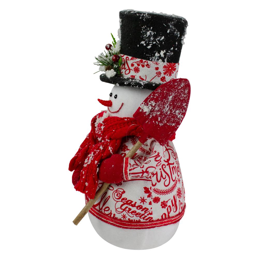 12.5" White and Red Standing Snowman with Shovel Table Top Christmas Decoration. Picture 4