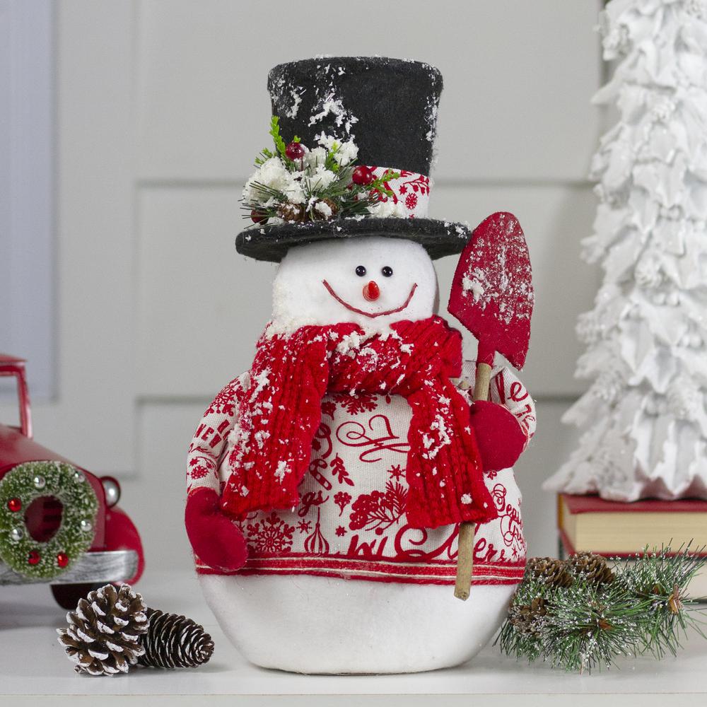 12.5" White and Red Standing Snowman with Shovel Table Top Christmas Decoration. Picture 2