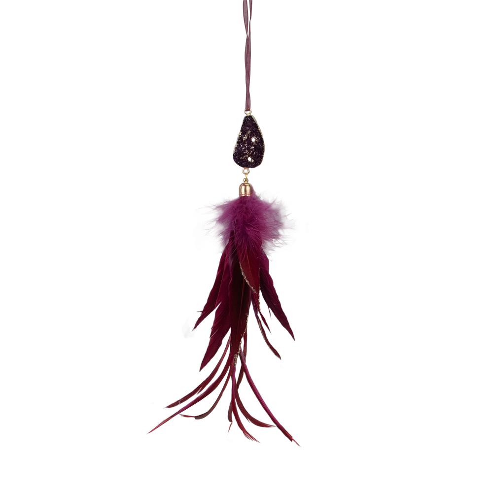 9" Plum Red Feather and Gemstone Pendant Christmas Ornament. Picture 1