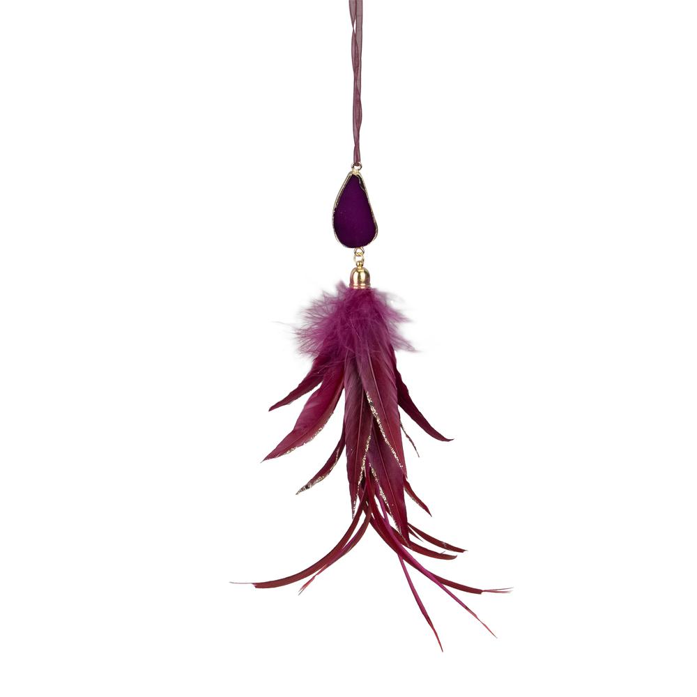 9" Plum Red Feather and Gemstone Pendant Christmas Ornament. Picture 2