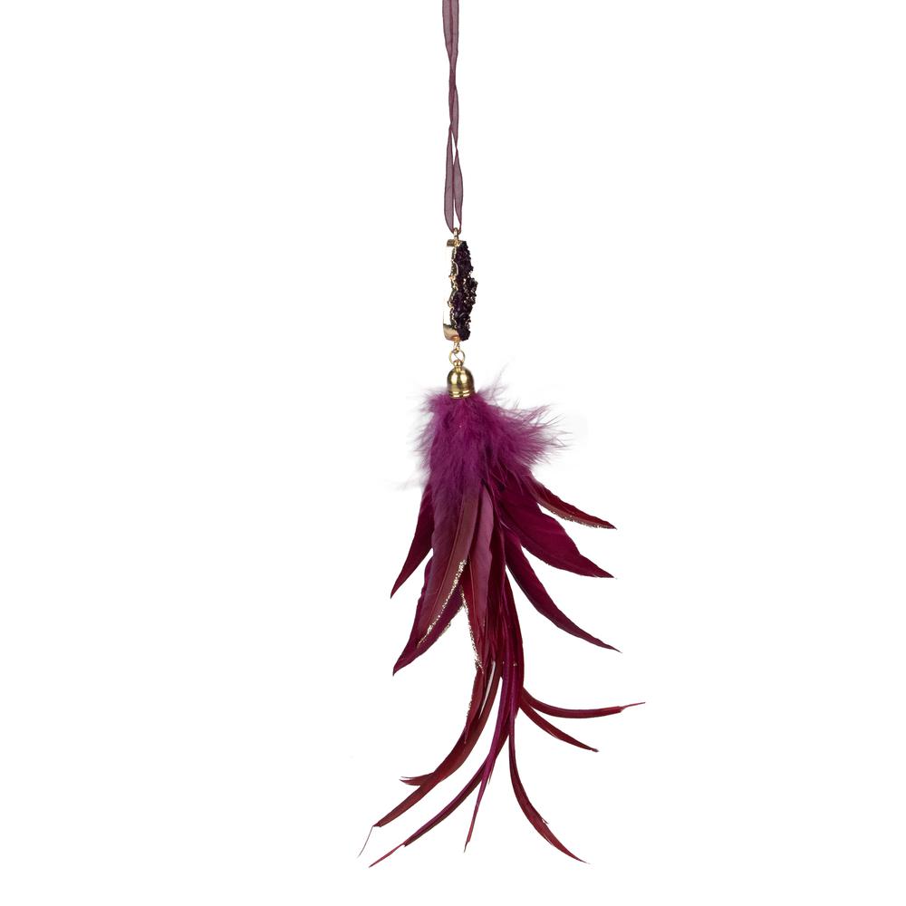 9" Plum Red Feather and Gemstone Pendant Christmas Ornament. Picture 3